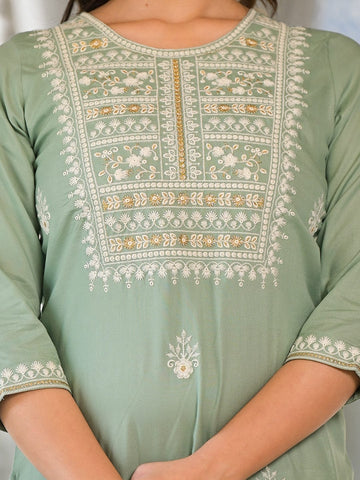 Varanga Women Sea Green Embroidered Kurta Paired With Tonal Trouser And Dupatta